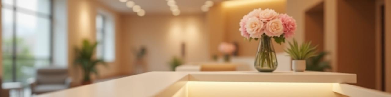 Meja penyambut tetamu salon yang bersih dan menenangkan dengan pencahayaan lembut.