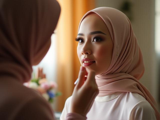 Pengantin wanita sedang disolek dan didandani oleh jurumakeup profesional di hari perkahwinannya
