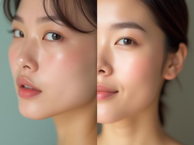 Kolaj sebelum dan selepas rawatan wajah, menunjukkan kulit yang lebih bersih, cerah, dan sihat