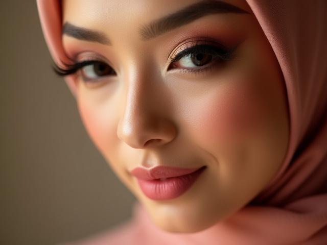 Close-up wajah pengantin Muslimah yang cantik dengan solekan pengantin yang halus dan hijab yang kemas