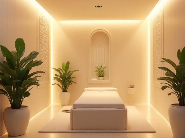 Pemandangan dalaman spa yang tenang dengan pencahayaan lembut, tumbuhan hijau, dan kerusi rawatan yang selesa