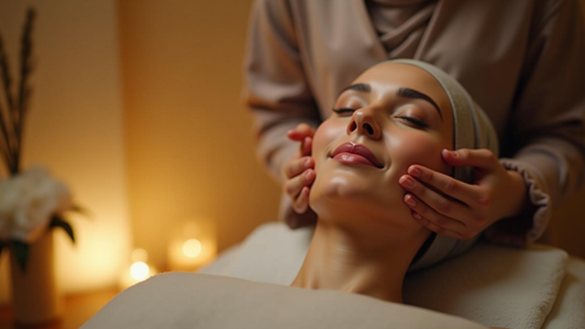 Seorang wanita Muslimah sedang menikmati rawatan wajah di tengah suasana spa yang tenang dan mewah