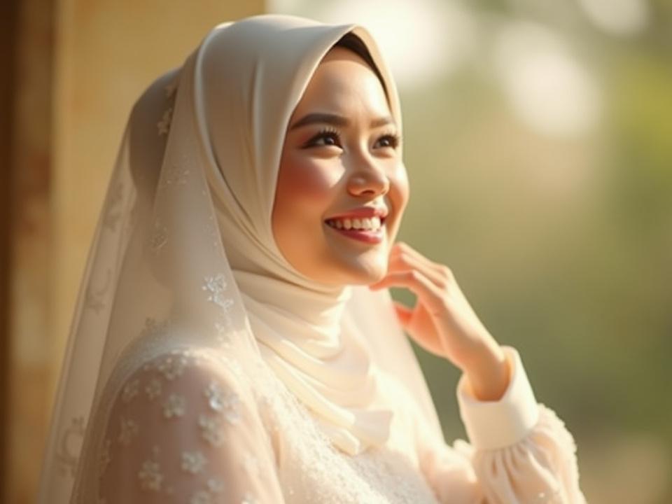Pengantin wanita yang berseri dengan solekan sempurna dan mahkota bunga di hari perkahwinannya