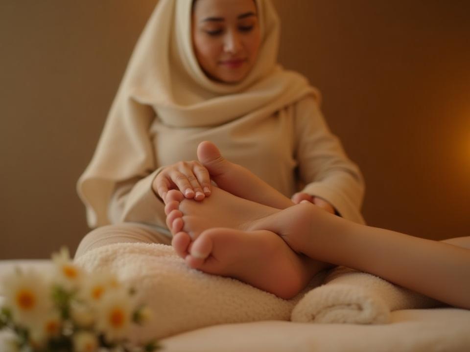 Seorang ibu hamil dengan tenang menikmati urutan kaki di spa yang mewah