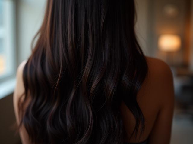 Seorang wanita dengan rambut yang sihat dan bersinar setelah rawatan rambut profesional