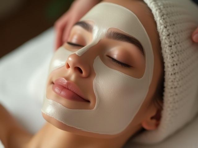 Seorang wanita menikmati rawatan muka dengan masker yang menenangkan di spa