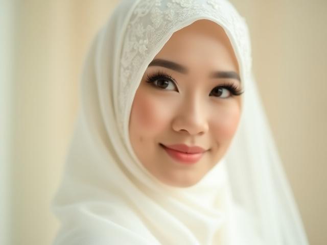 Close-up seorang pengantin Muslimah yang cantik dengan gaya hijab elegan untuk majlis perkahwinan