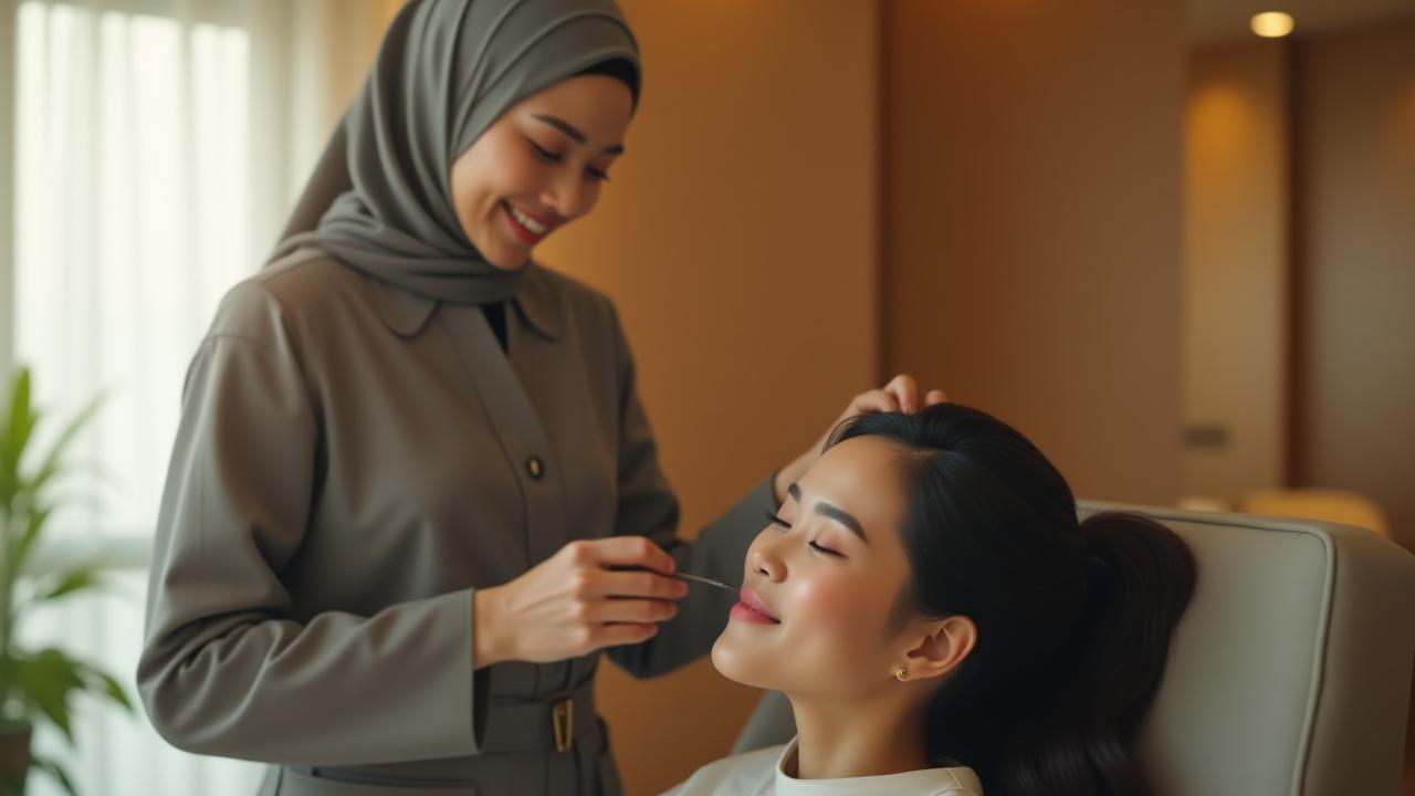 Seorang pendandan rambut menggayakan rambut pelanggan di salon Sutera Wajah