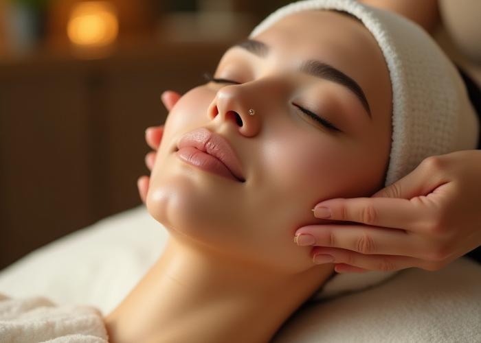 Seorang wanita muslimah sedang menikmati rawatan wajah yang menenangkan di spa.