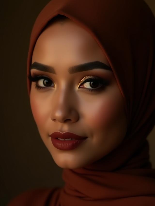 Pengantin dengan solekan mata arabik yang berani dan sentuhan emas, bersinar.