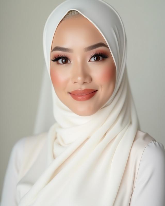 Potret penuh pengantin menawan, fokus pada solekan wajah dan busana.