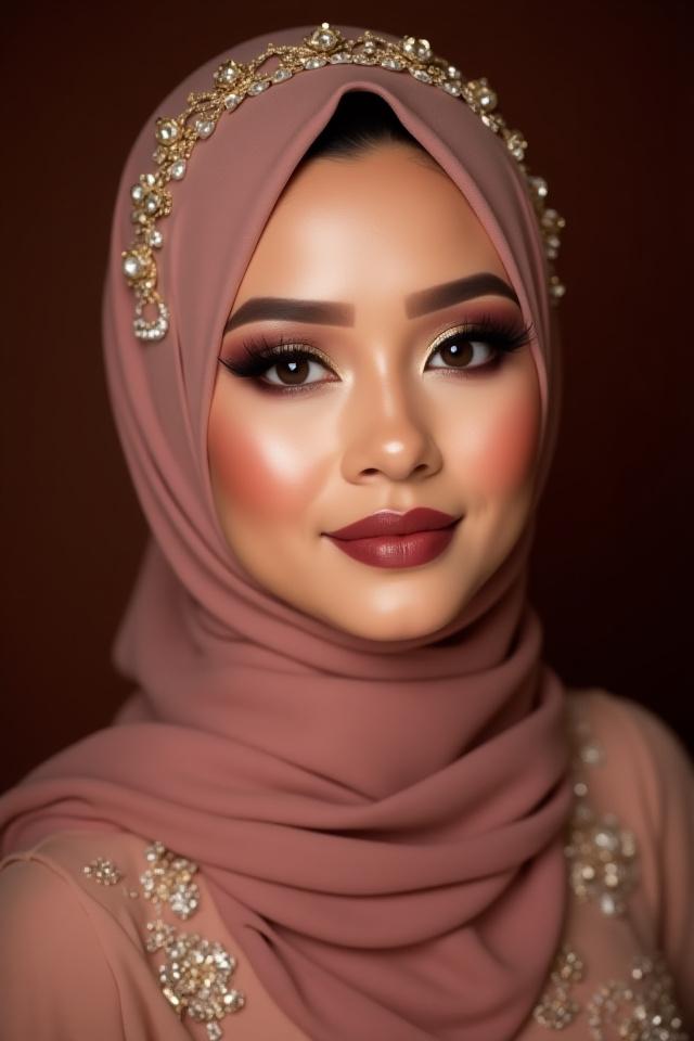 Pengantin muslimah dengan solekan sanding glamor, mata bersinar dan bibir merah jambu gelap.
