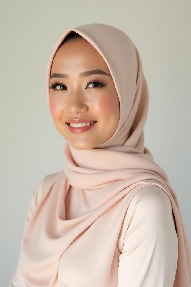 Wajah pengantin berseri dengan solekan glowing dan gaya hijab flowy yang cantik.