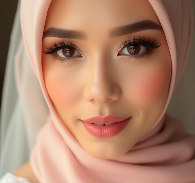 Wajah pengantin dengan solekan romantis, warna mata coklat hangat dan bibir glossy.