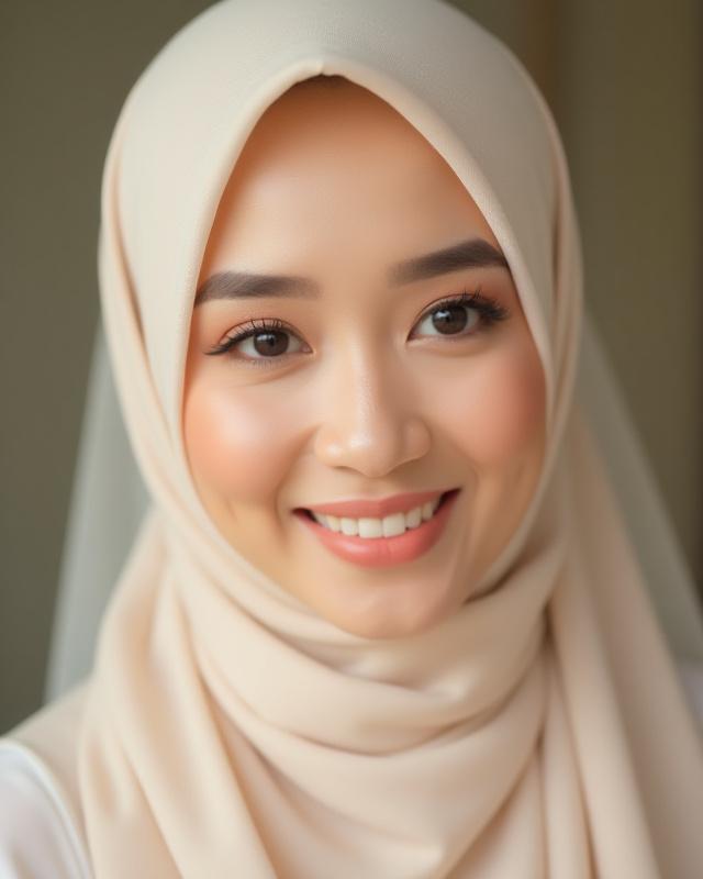Close-up solekan pengantin nikah gaya soft dan natural dengan sentuhan warna peach lembut.