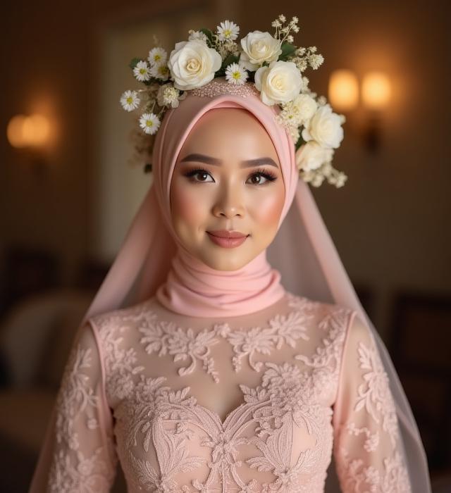 Pengantin dalam busana tradisional Melayu dengan solekan moden dan hijab bunga.