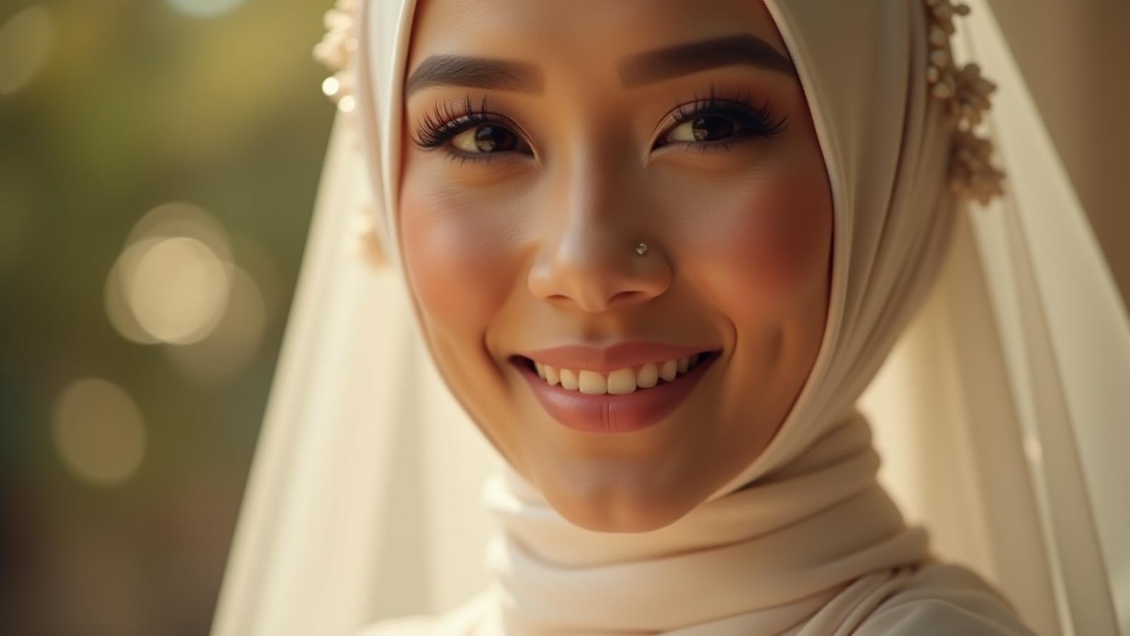 Seorang pengantin muslimah yang anggun dengan solekan wajah memukau dan tahan lama, senyum gembira.