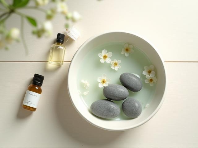 Mangkuk berisi air, bunga melur, dan botol minyak pati untuk aromaterapi yang menenangkan