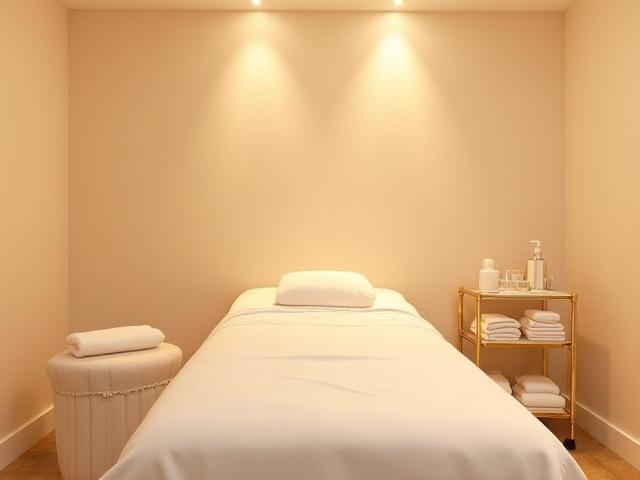 Sebuah bilik rawatan waxing yang bersih, peribadi dan kemas dengan pencahayaan lembut.